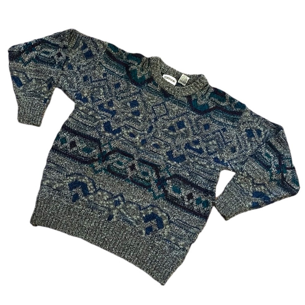 VINTAGE TORRIANI CREW NECK DADS SWEATER GRAY BLUE TEAL SIZE LARGE
